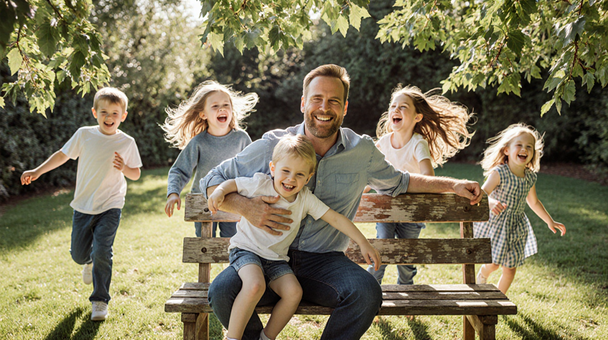 James Van Der Beek sits on a worn wooden bench with his children playing and laughing in a sunlit backyard.