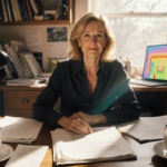 Jamie Lee Curtis sits at a desk with scripts and coffee cups her face showing confusion and amusement.