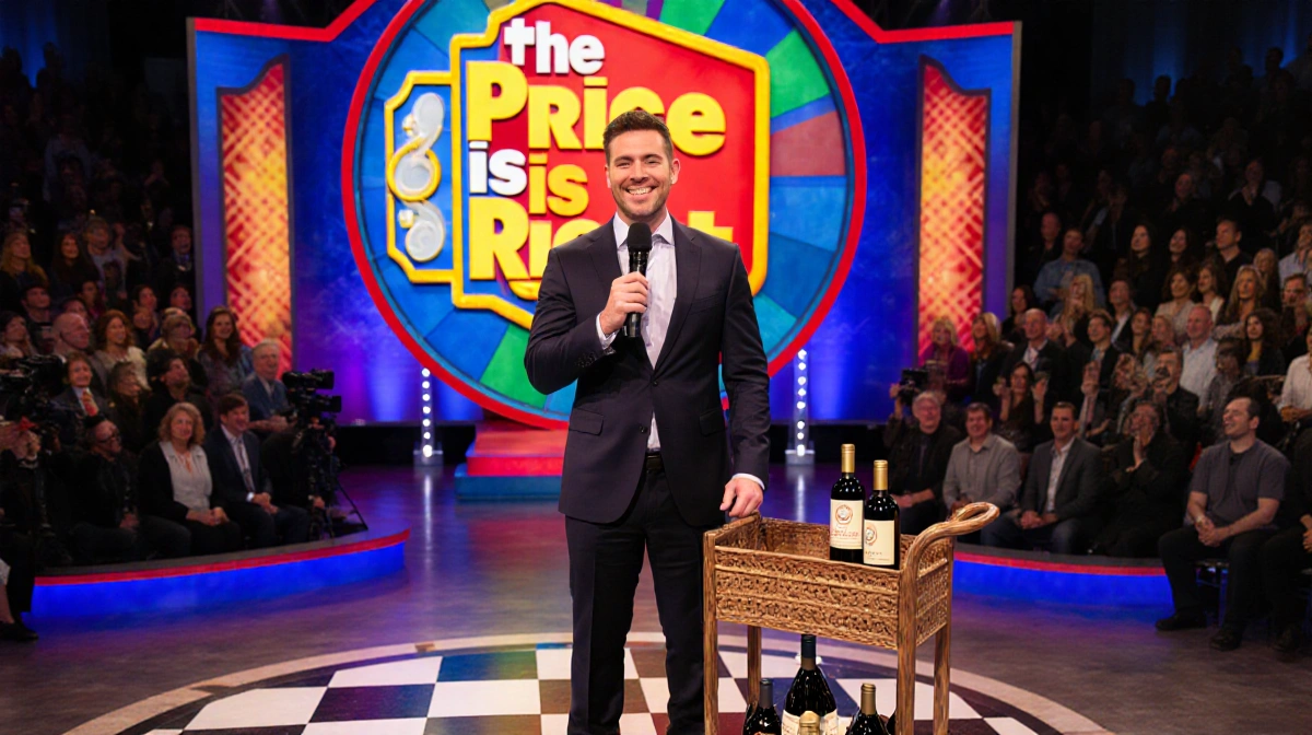 Jamie Linden celebrating on The Price is Right with prize wheel and wine cart beside him