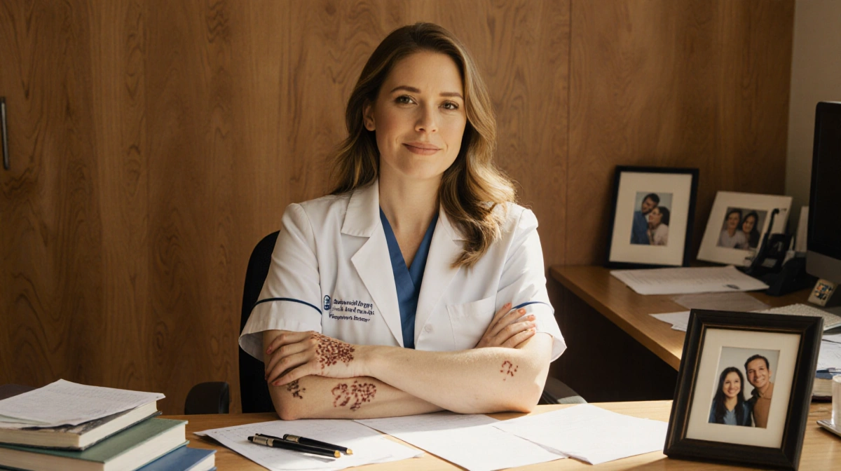 Jamie-Lynn Sigler sits confidently at her desk with MS awareness books and family photos showing resilience