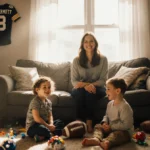 Jamie McDermott sits with her two children playing at her feet in a sunlit living room with football toys nearby