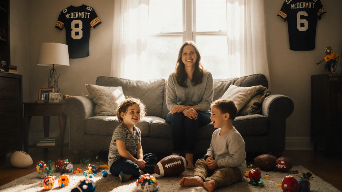 Jamie McDermott sits with her two children playing at her feet in a sunlit living room with football toys nearby