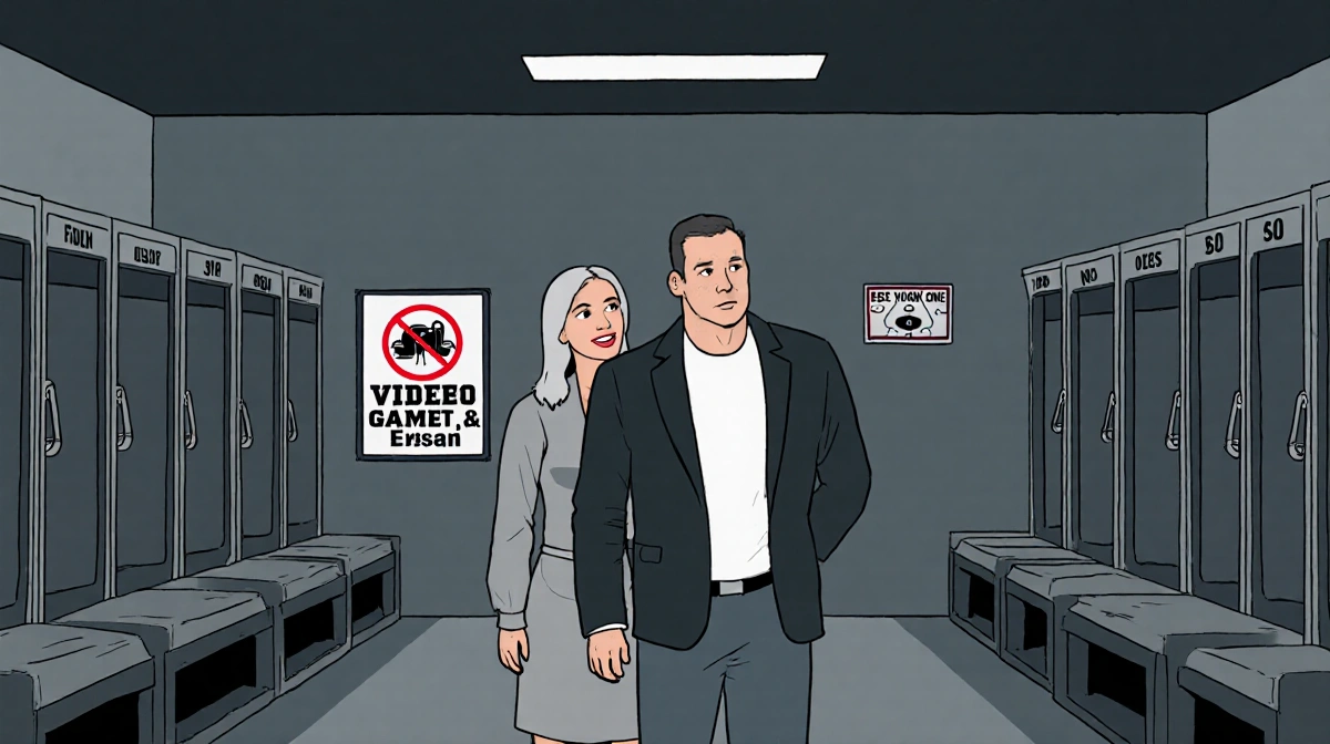 Jamie McDermott watches Sean McDermott coaching players in locker room with No Video Games poster and Air Hockey Free Zone si