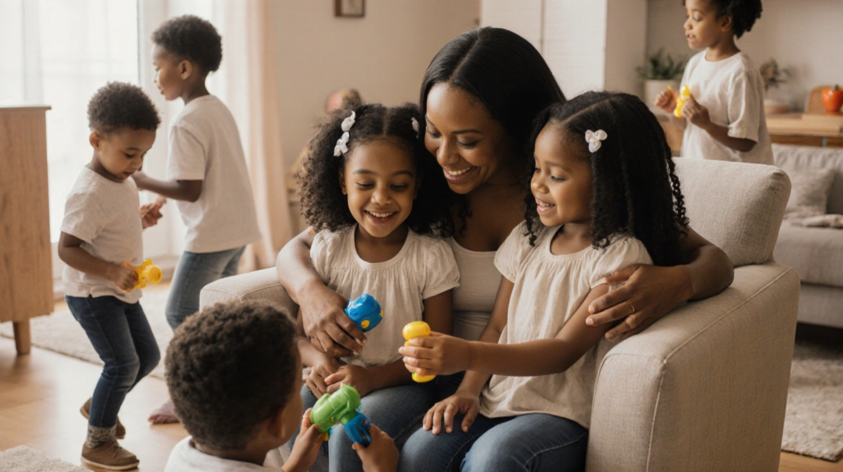 Jamila Ryans cuddles her three daughters on couch with youngest son playing nearby in cozy family living room