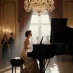 Jane Seymour standing at grand piano with golden candelabras and chandelier glowing in opulent ballroom