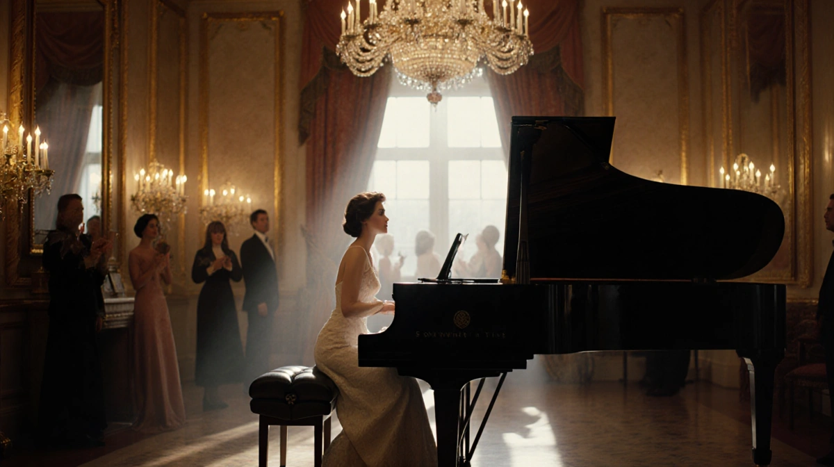 Jane Seymour standing at grand piano with golden candelabras and chandelier glowing in opulent ballroom