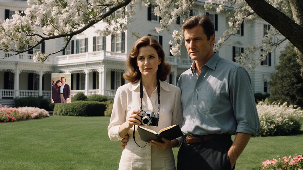 Jane Seymour and Christopher Reeve stand together at Grand Hotel Mackinac Island with vintage camera and book showing their t