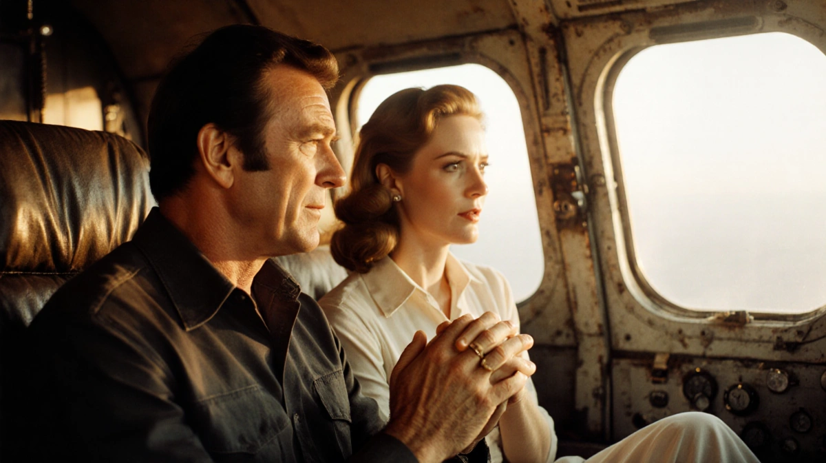 Jane Seymour and John Wayne talking intimately while holding hands with golden sunset light streaming through airplane window