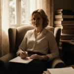 Jane Seymour writing in notebook with vintage typewriter and books on desk near sunlit window