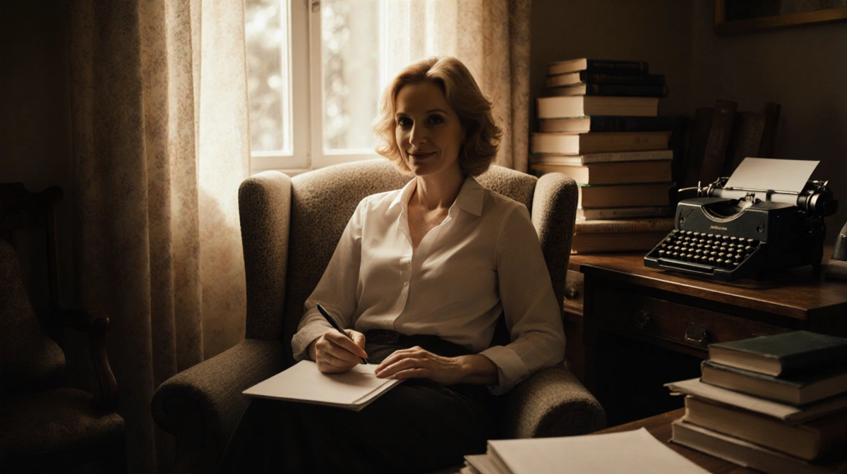 Jane Seymour writing in notebook with vintage typewriter and books on desk near sunlit window