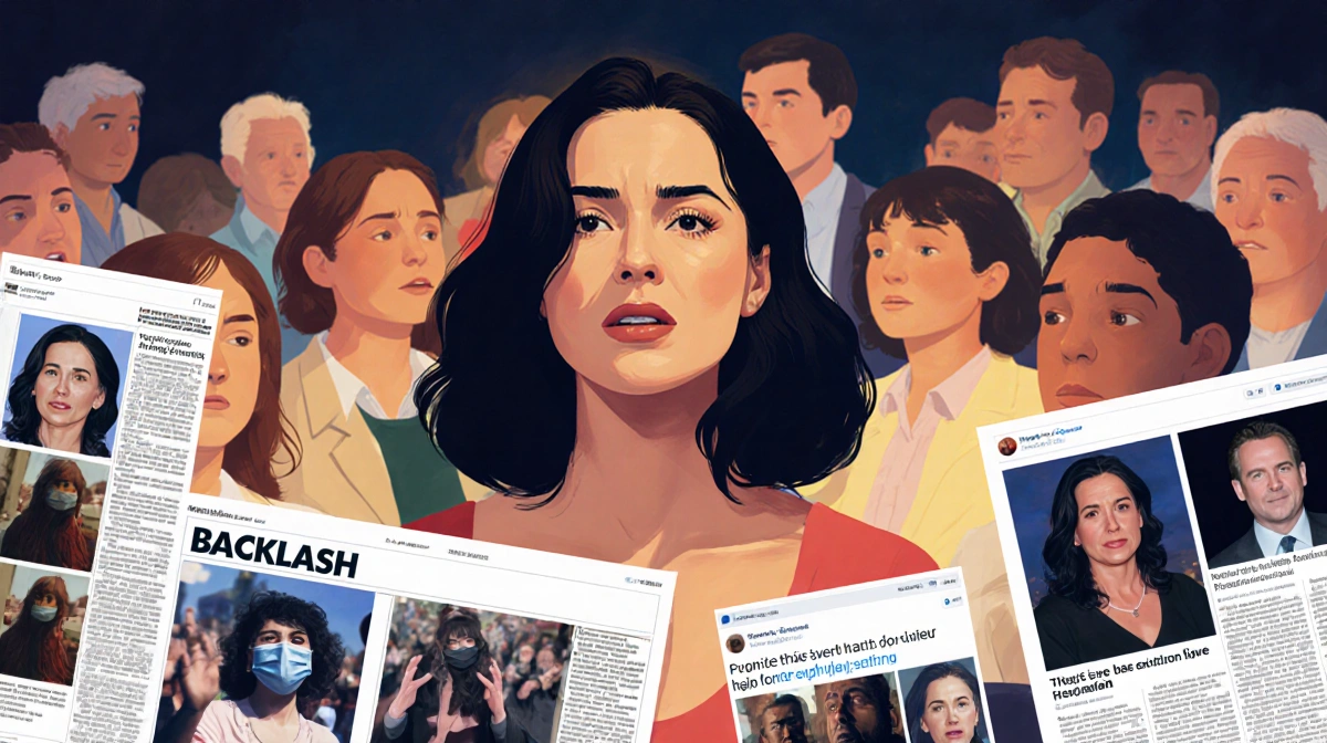 Jane Sibbett facing backlash with blurred crowd behind and newspaper headlines showing social media criticism