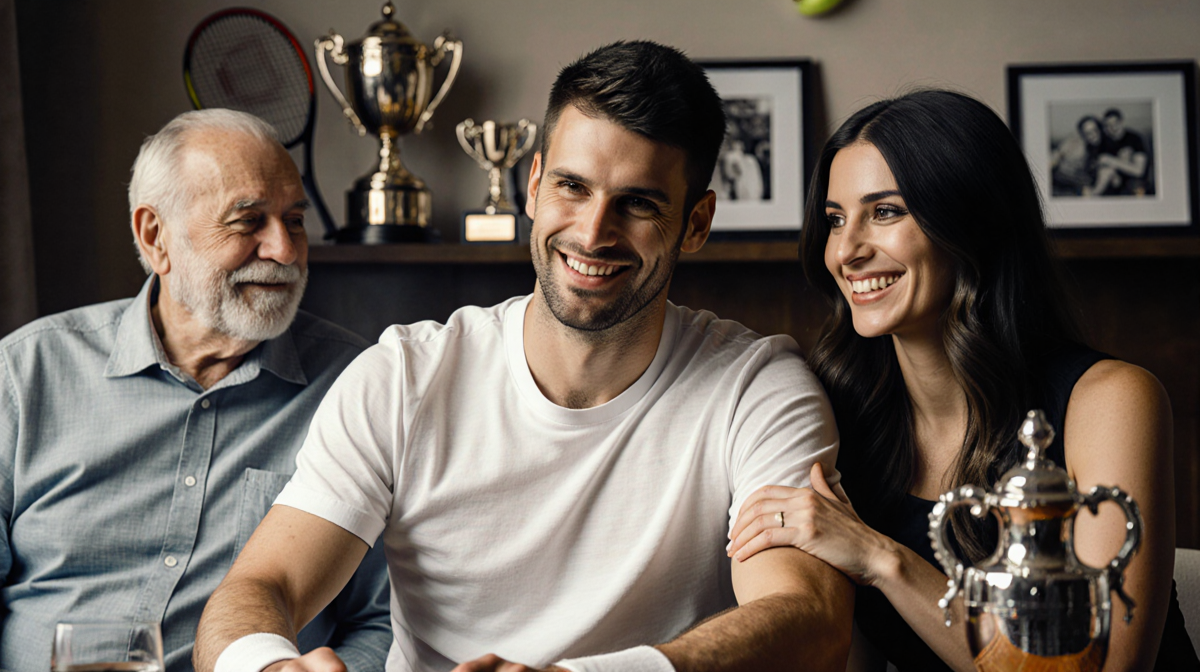 Jannik Sinner sits with parents behind him and Laila Hasanovic beside him smiling as she touches his arm near tennis trophies