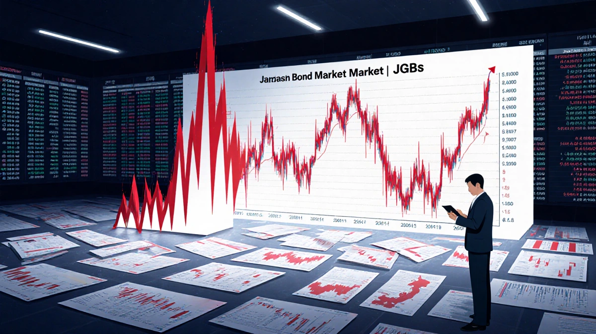 Worried trader clutching tablet with surging JGB yield spike graph rising behind Tokyo exchange