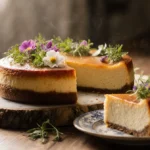 Japanese cheesecake rests on wooden board with edible flowers and sliced pieces on vintage plate