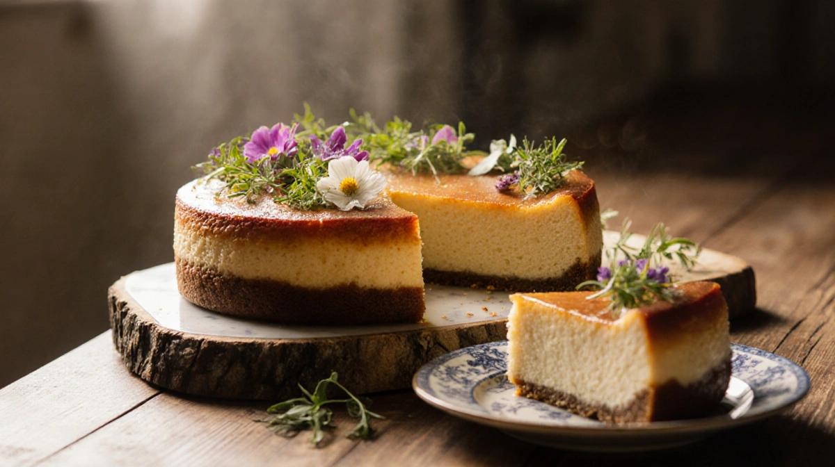 Japanese cheesecake rests on wooden board with edible flowers and sliced pieces on vintage plate
