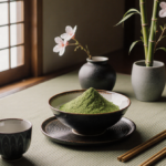 Matcha bowl contains vibrant green powder with ceramic cups and bamboo beside soft light