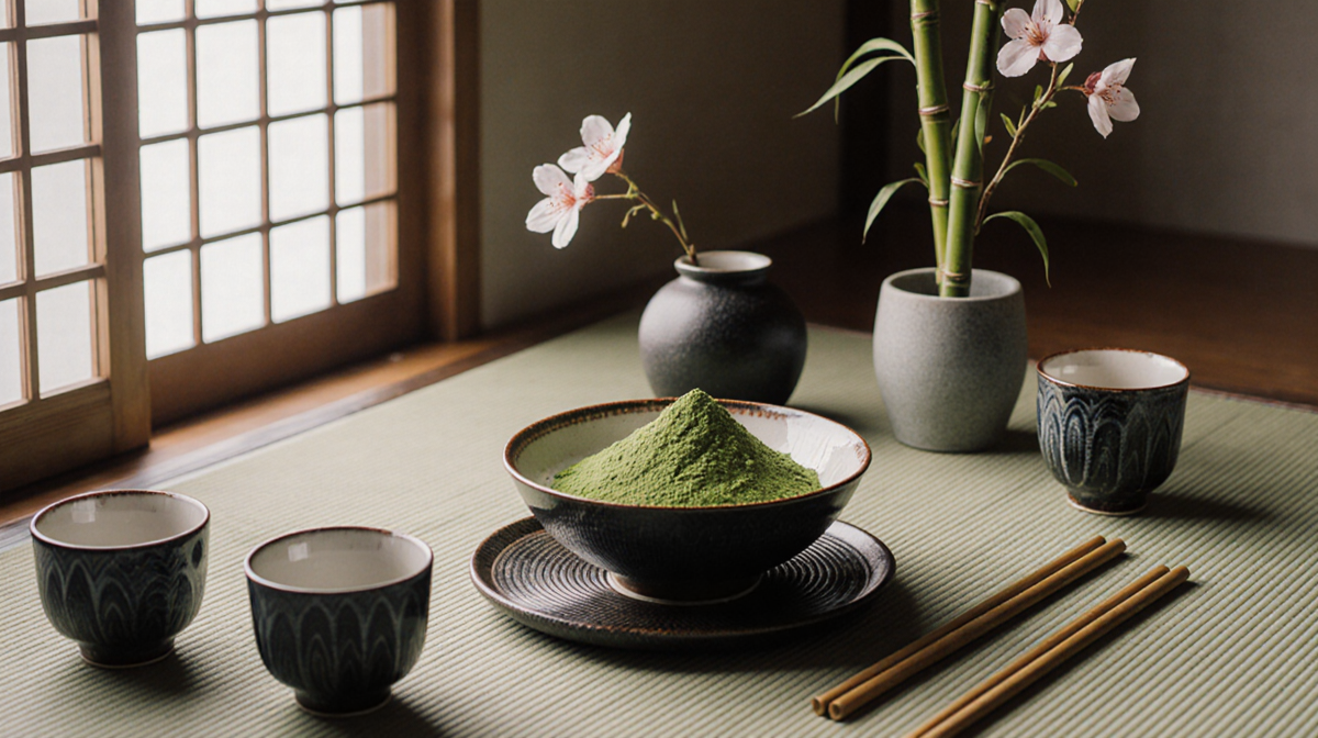 Matcha bowl contains vibrant green powder with ceramic cups and bamboo beside soft light