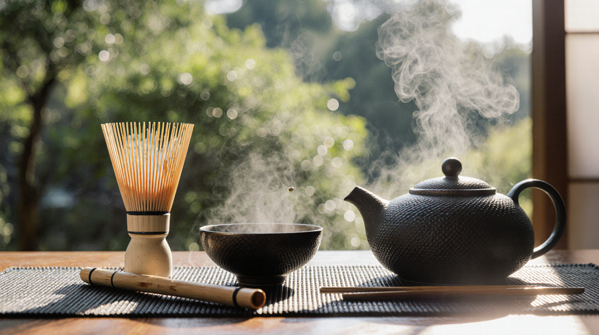 Bamboo whisk stirring tea with bowl and steaming teapot on low wooden table near serene greenery with droplets on bowl.