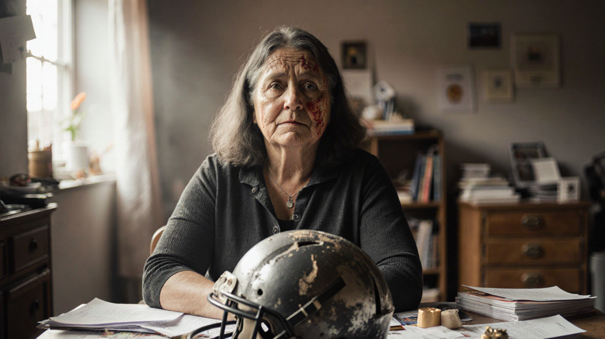 Jasmatia sits before a worn football helmet with scattered papers and books in a warm softly lit room