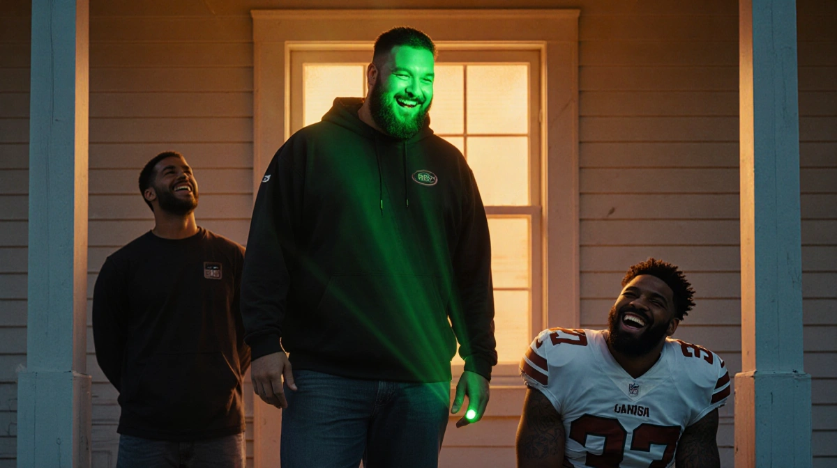 Jason Kelce stands with eerie blacklight glow on his face while Travis and Jameis laugh together showing NFL players having f