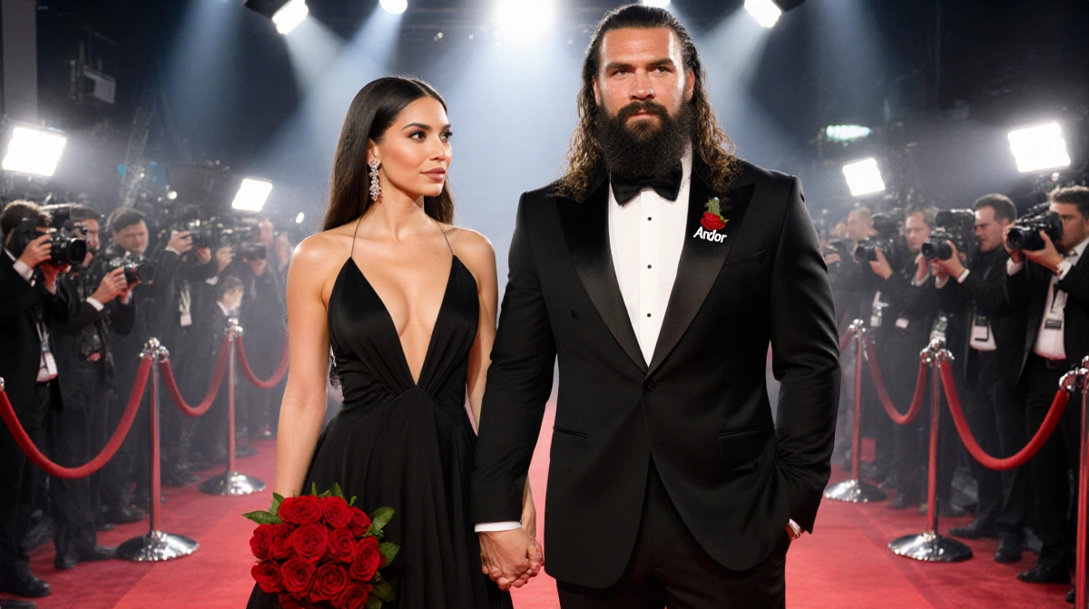 Jason Momoa and Adria Arjona holding hands on red carpet with roses and Andor logo on his tuxedo