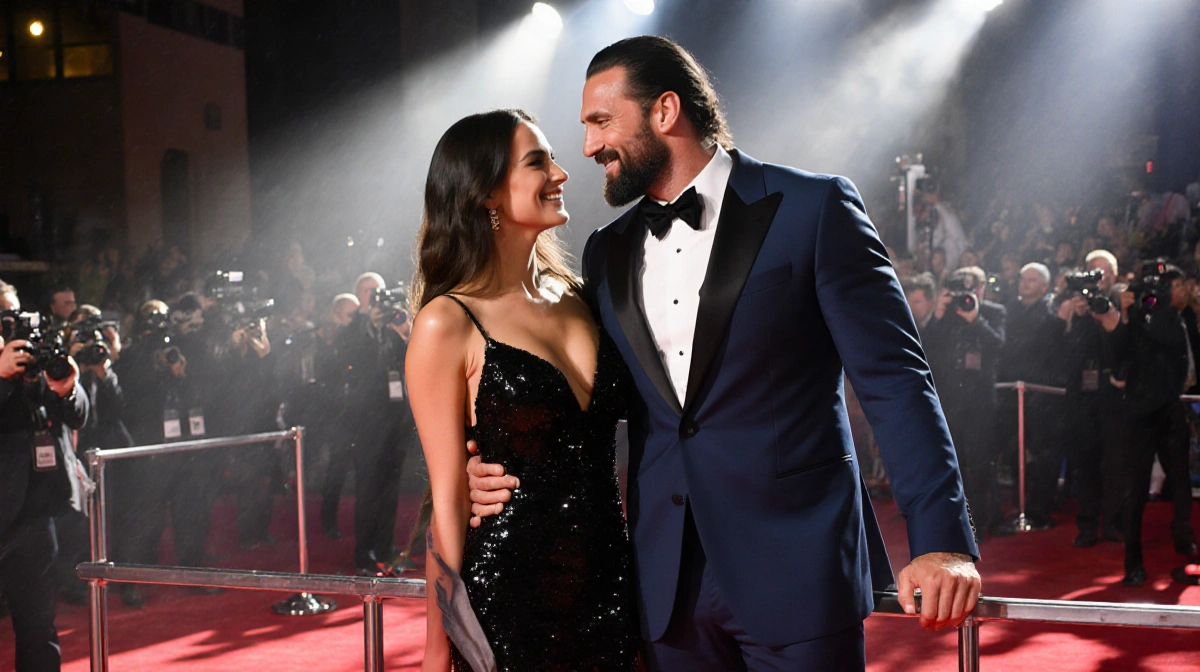 Jason Momoa and Adria Arjona posing together on red carpet with her black gown and his navy tuxedo glowing under spotlights