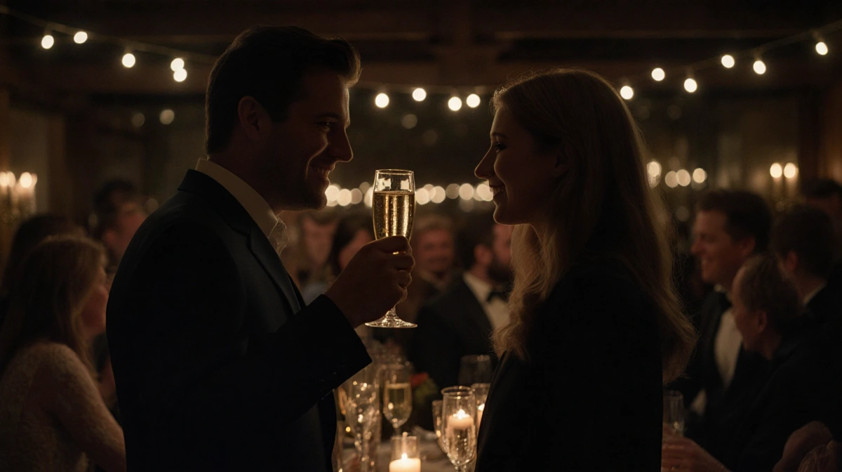 Jason Segel toasting Kayla Radomski at engagement party with champagne glasses and romantic candlelight