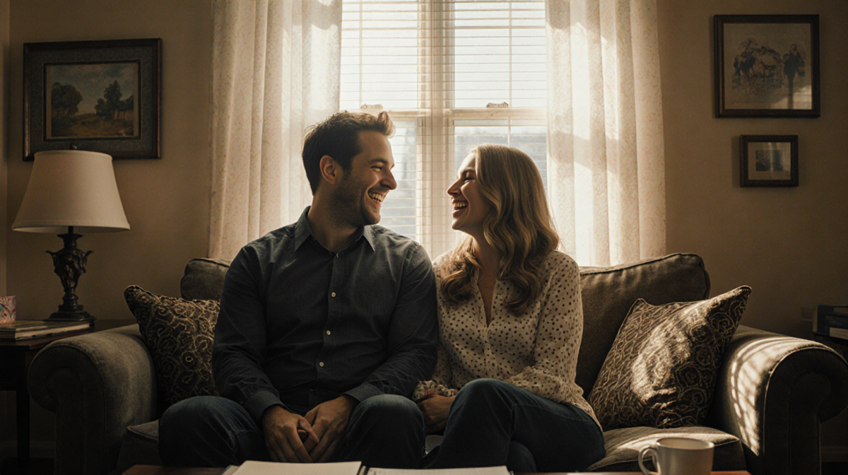 Jason Segel and Kayla Radomski laughing together on a couch with morning light and a coffee cup