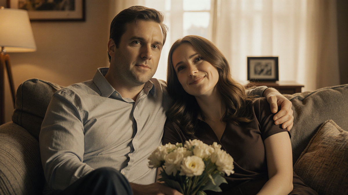 Jason Segel and Kayla Radomski sit together as romantic couple on a couch with warm golden lighting and a framed photo nearby