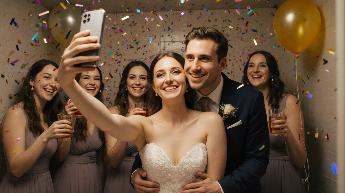 Jason Segel embracing Kayla Radomski with bridesmaids taking selfie in bathroom and balloons floating nearby