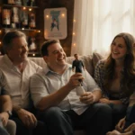 Jason Segel sits on couch holding miniature version of himself with Harrison Ford and friends gathered around in warm living