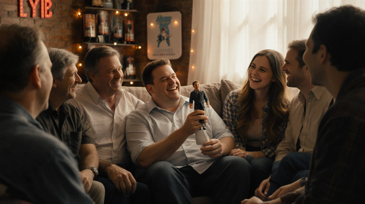 Jason Segel sits on couch holding miniature version of himself with Harrison Ford and friends gathered around in warm living