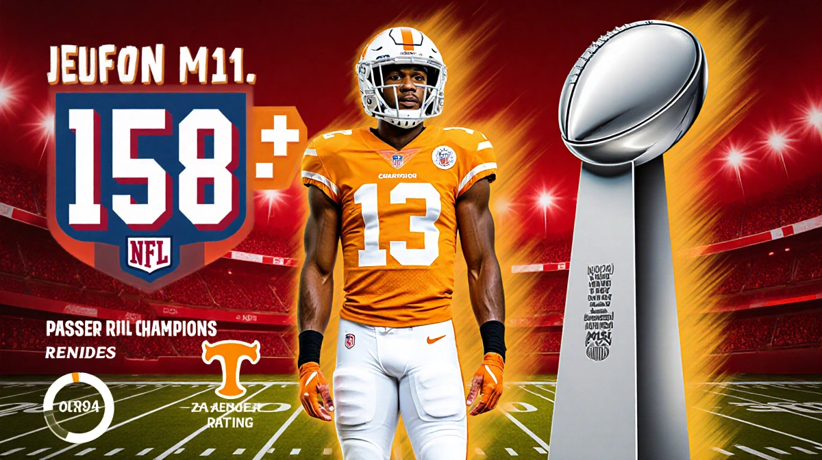 Jauan Jennings stands tall holding the NFL+ trophy beside bold 158.3 rating glowing in red and gold with Tennessee orange hig