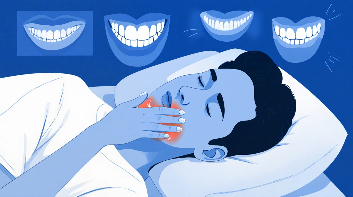 Person gently massaging jaw with hand while lying in bed with soft blue tones showing teeth grinding relief