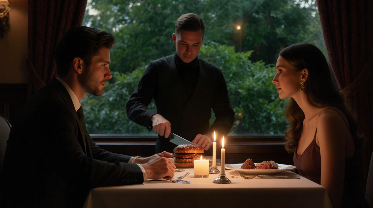 Jaxson Dart dining with Marissa Ayers at candlelit table with waiter slicing burger in background