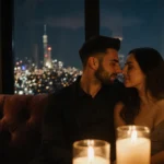 Jaxson Dart and Marissa Ayers sharing romantic candlelit moment on velvet sofa with Manhattan skyline glowing through window