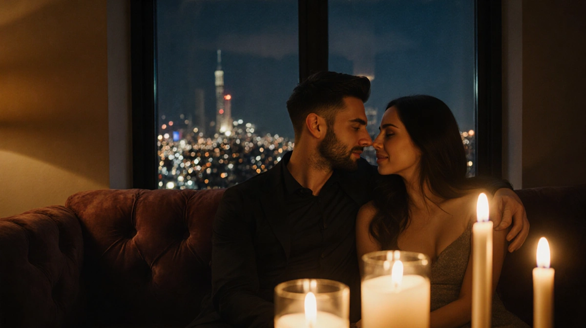 Jaxson Dart and Marissa Ayers sharing romantic candlelit moment on velvet sofa with Manhattan skyline glowing through window
