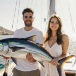 Jaxson stands proudly beside a massive tuna with Marissa beside him on a sailboat