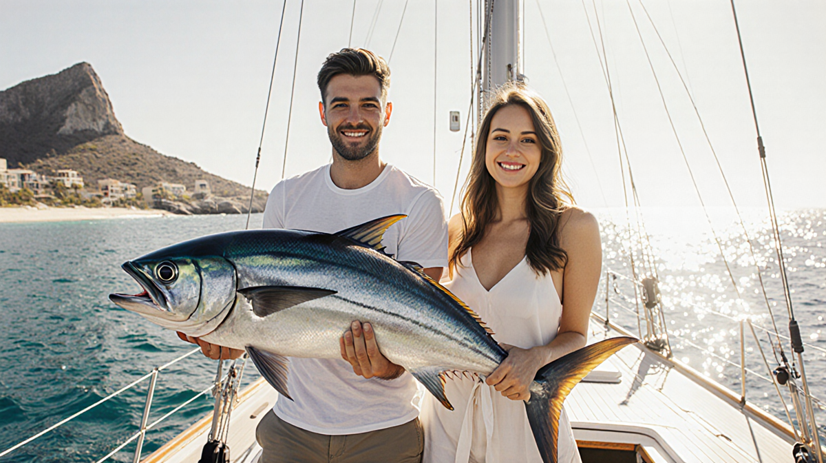 Jaxson stands proudly beside a massive tuna with Marissa beside him on a sailboat