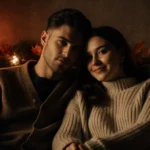 Jaxson Dart and Marissa Ayers cuddling on couch with Halloween decorations and warm autumn lighting