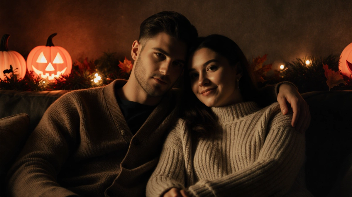 Jaxson Dart and Marissa Ayers cuddling on couch with Halloween decorations and warm autumn lighting