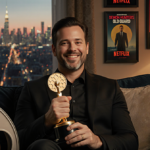 Jay Kelly smiles while holding a Golden Globe with a plush couch and Netflix original posters in a cozy movie night setting