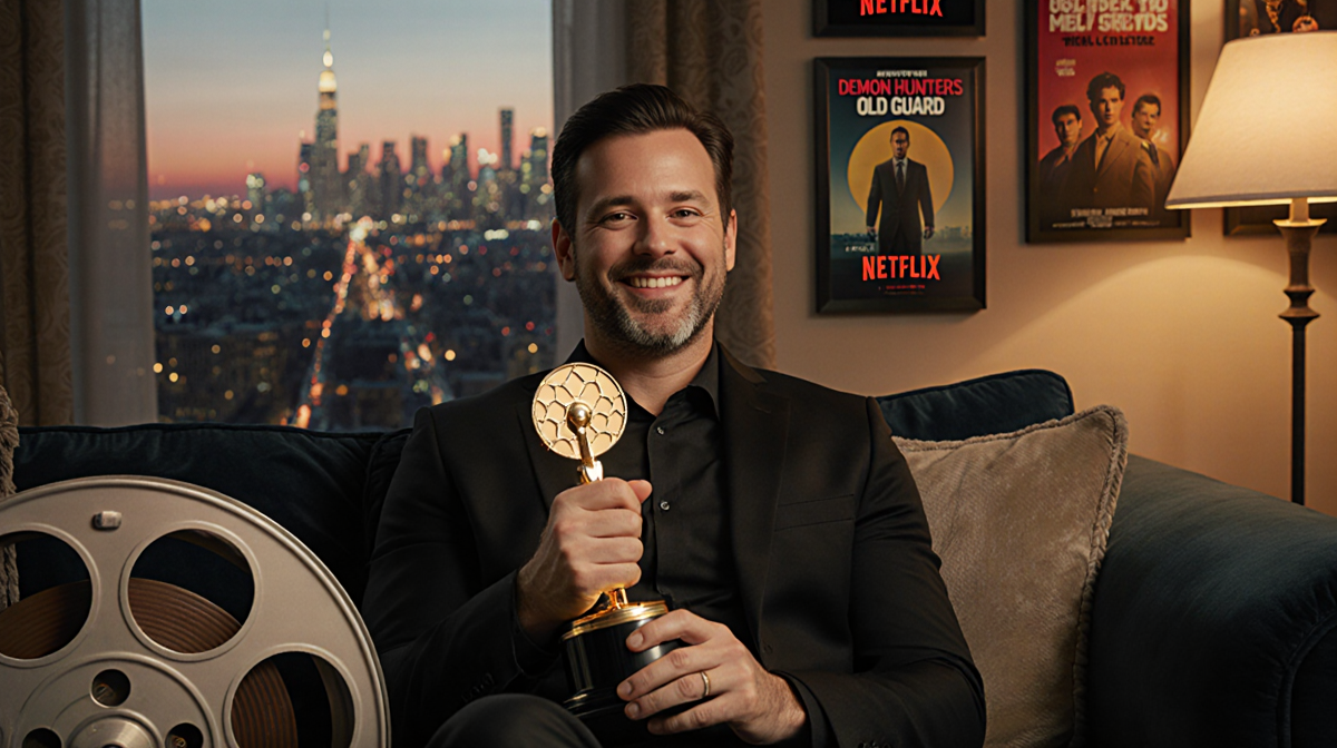 Jay Kelly smiles while holding a Golden Globe with a plush couch and Netflix original posters in a cozy movie night setting