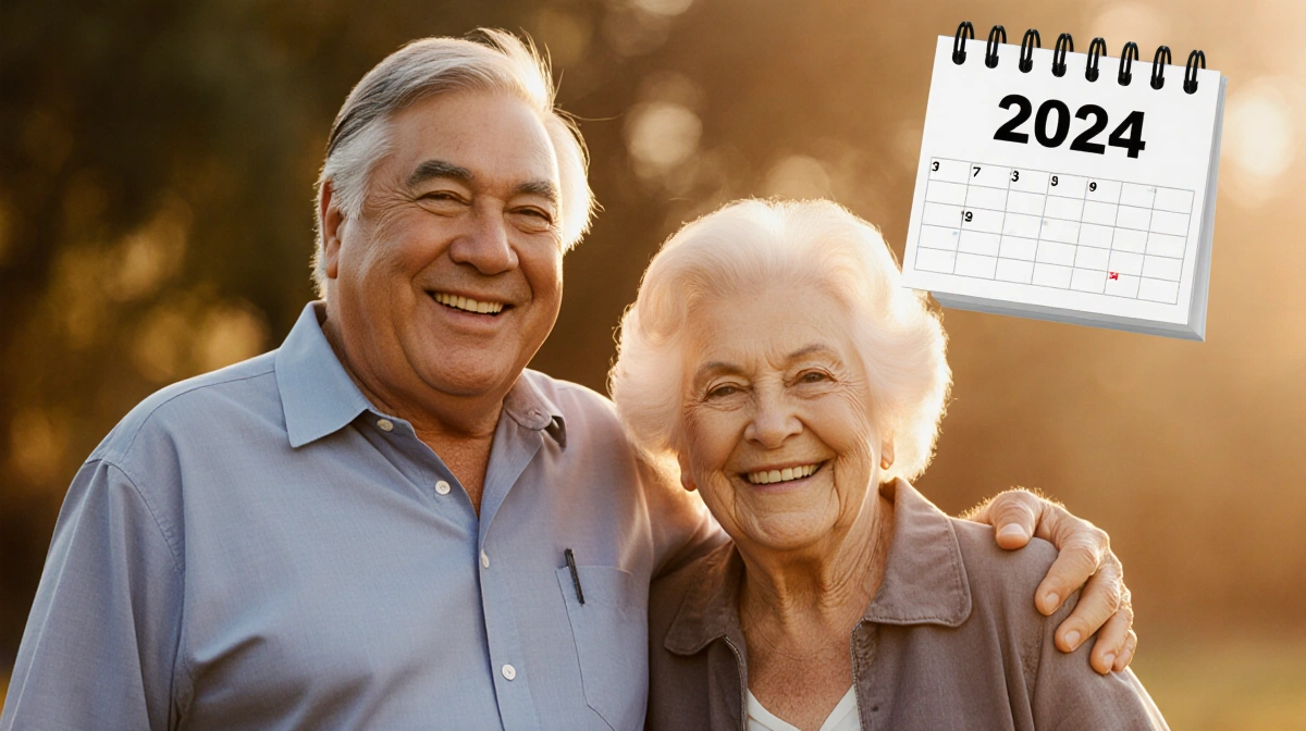 Jay Leno standing with Mavis whose arm rests on his shoulder with 2024 calendar behind them and golden light showing enduring