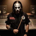 Jay Weinberg holding Suicidal Tendencies drumstick with vintage mixing board and retro studio gear behind him