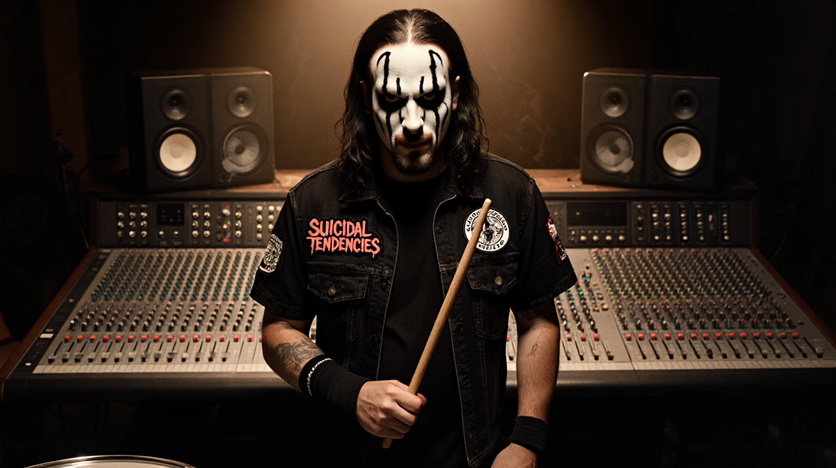 Jay Weinberg holding Suicidal Tendencies drumstick with vintage mixing board and retro studio gear behind him