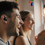 Young adult dancing with JBL Vibe Beam 2 earbuds and hands in bright modern room