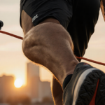 Runner performing high-intensity workout with JBL Endurance Race 2 earbuds and gold sunset cityscape in background