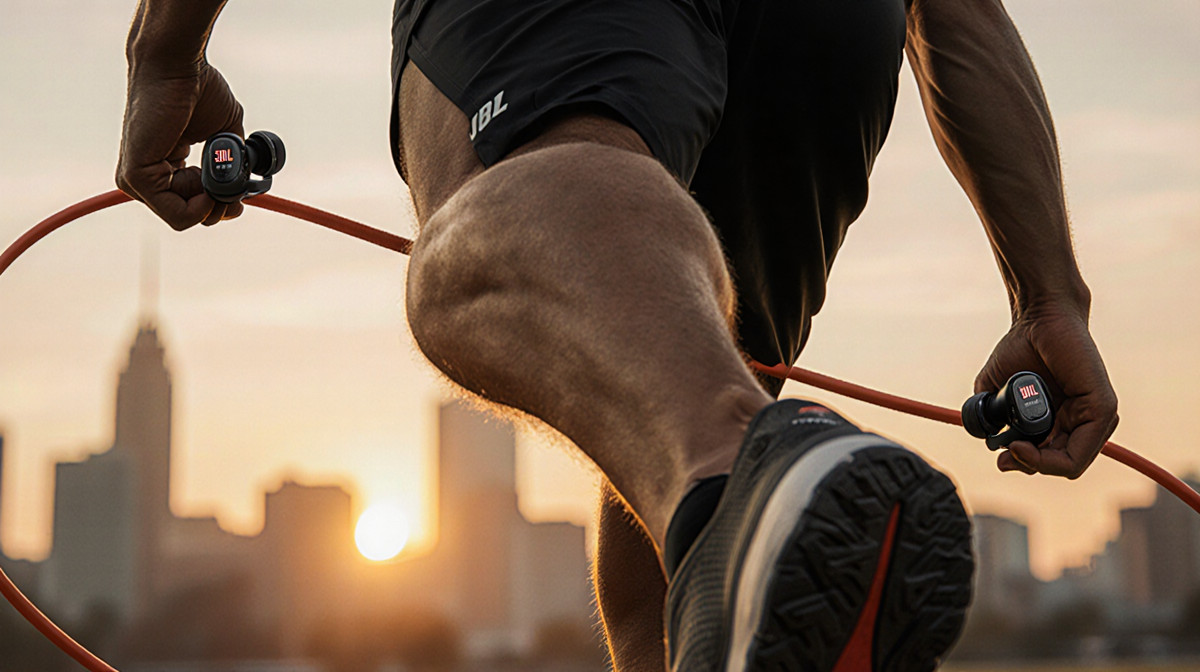 Runner performing high-intensity workout with JBL Endurance Race 2 earbuds and gold sunset cityscape in background