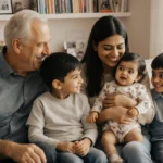 Usha Vance smiling while holding Mirabel with JD Vance looking lovingly beside her in a warm family portrait living room